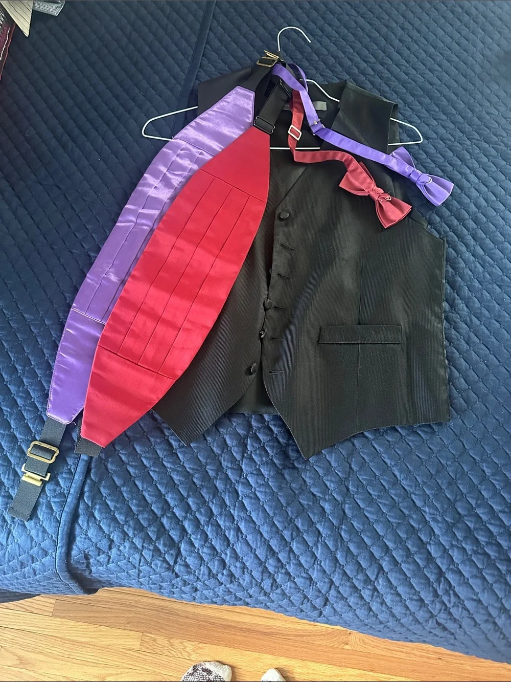 Black Men's Dress Vest with Red Cummerbund and Purple Accessories